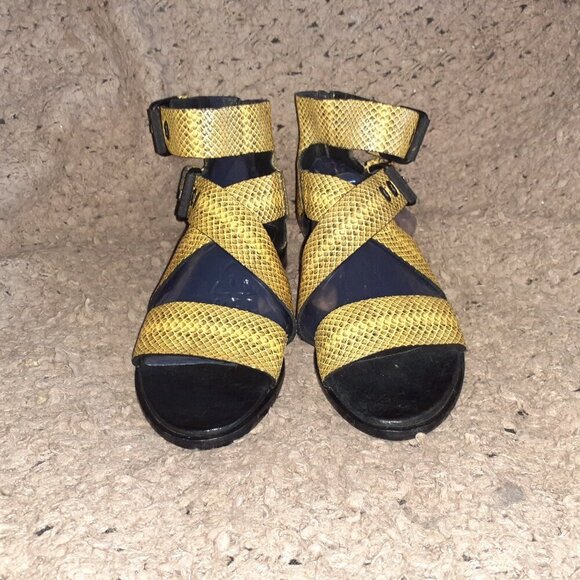 RAG & BONE-Yellow/Black Leather Python Print Sandals-Buckles-Sz 7-Near Mint - Picture 3 of 8
